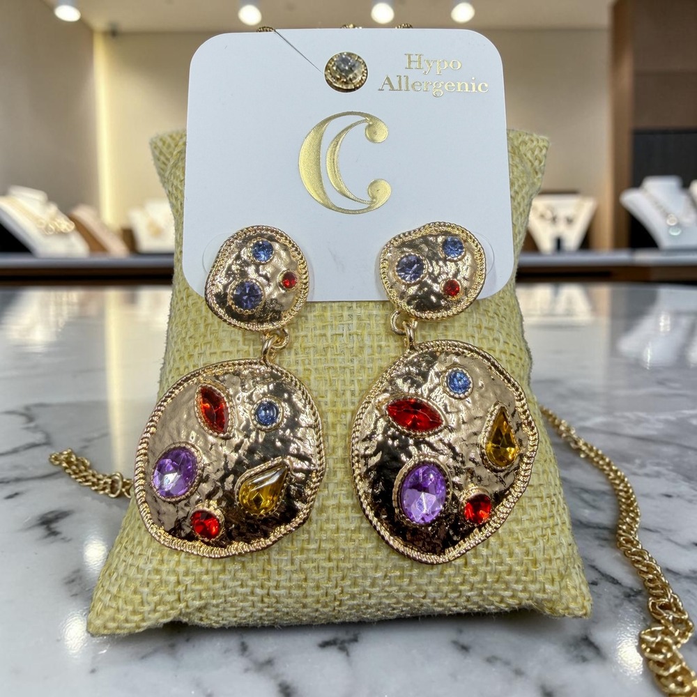 Charming Charlies Gold Hammered Statement Drop Earrings Multicolor Gem Boho NWT